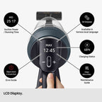 Samsung Jet 85 handheld vacuum cleaner with LCD display and various status indicators.