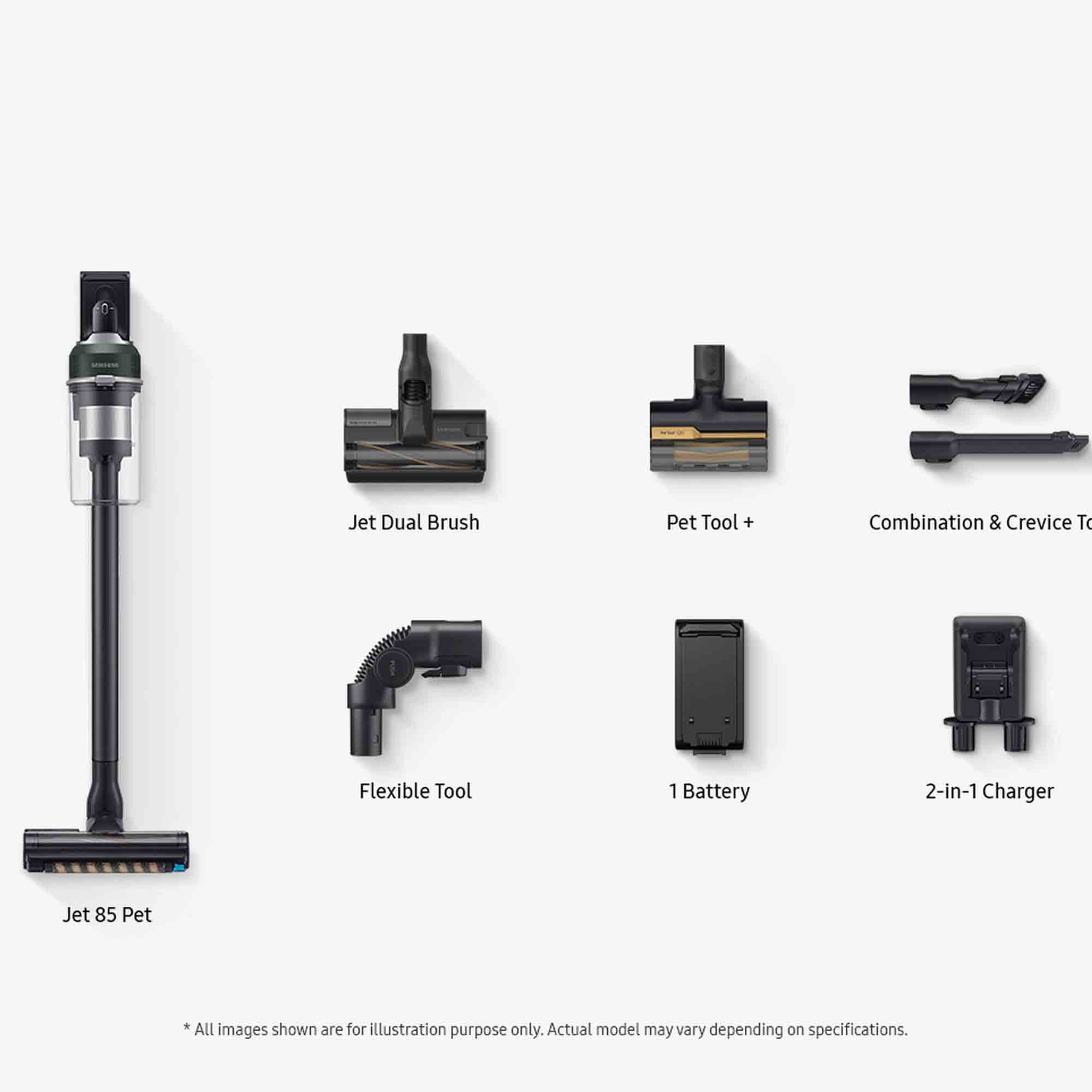 Jet 85 Pet with Jet dual brush, pet tool +, Combination & crevice tool, Flexible tool, 1 Battery and a 2-in-1 charger.