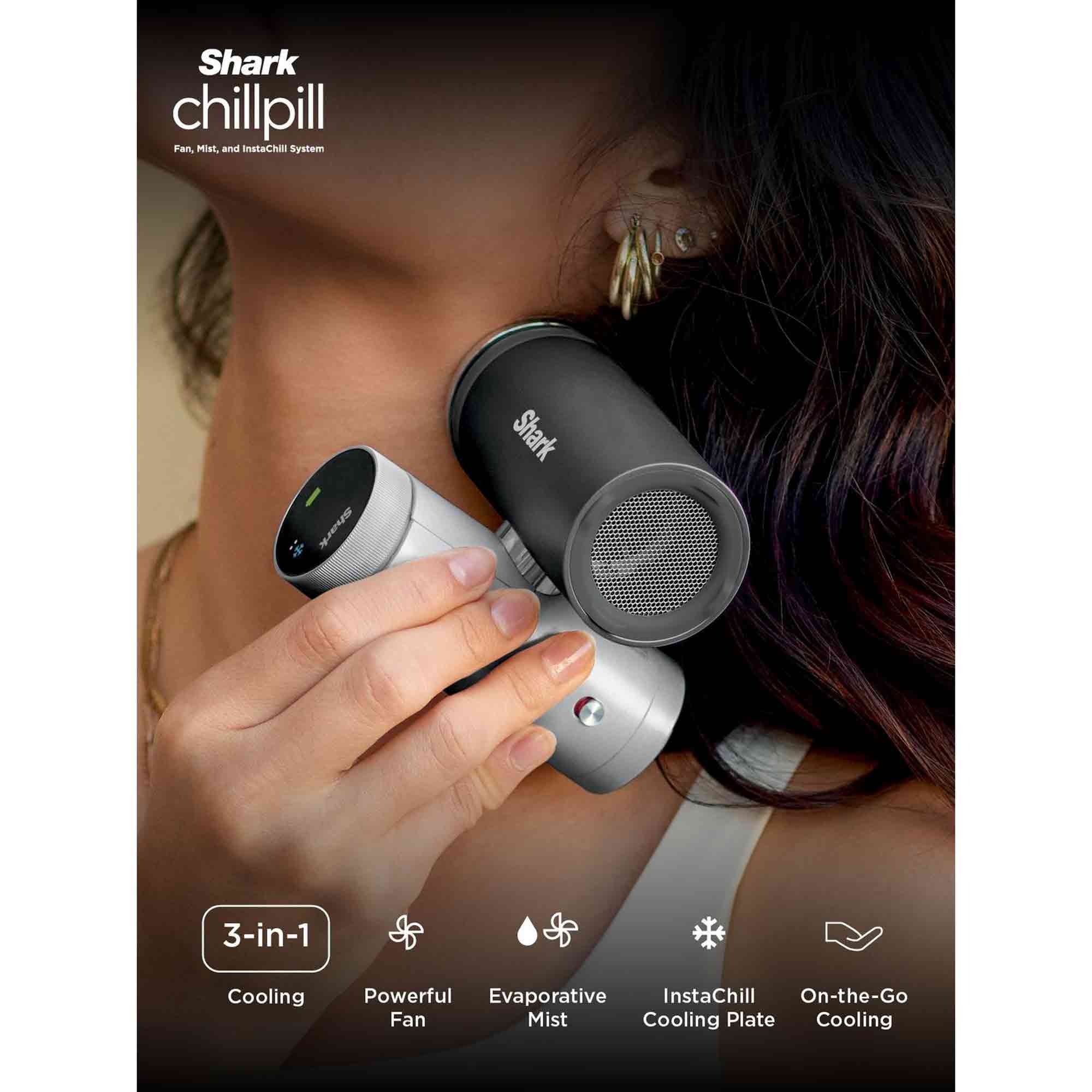 Person using a Shark chillpill product with features listed below.