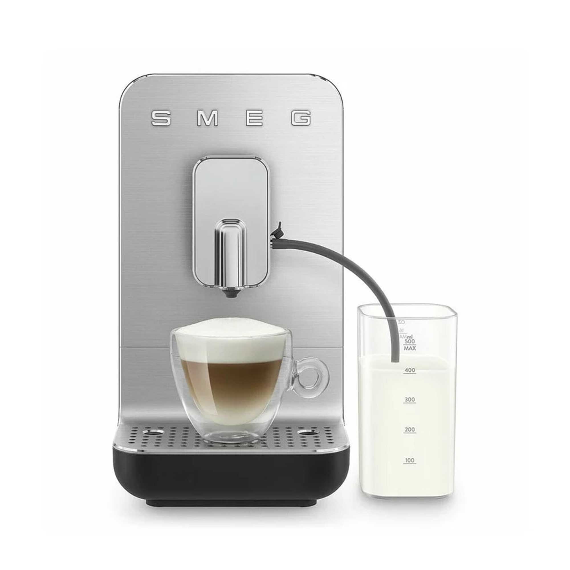 SMEG coffee machine with a glass of milk and a cup of coffee on a white background