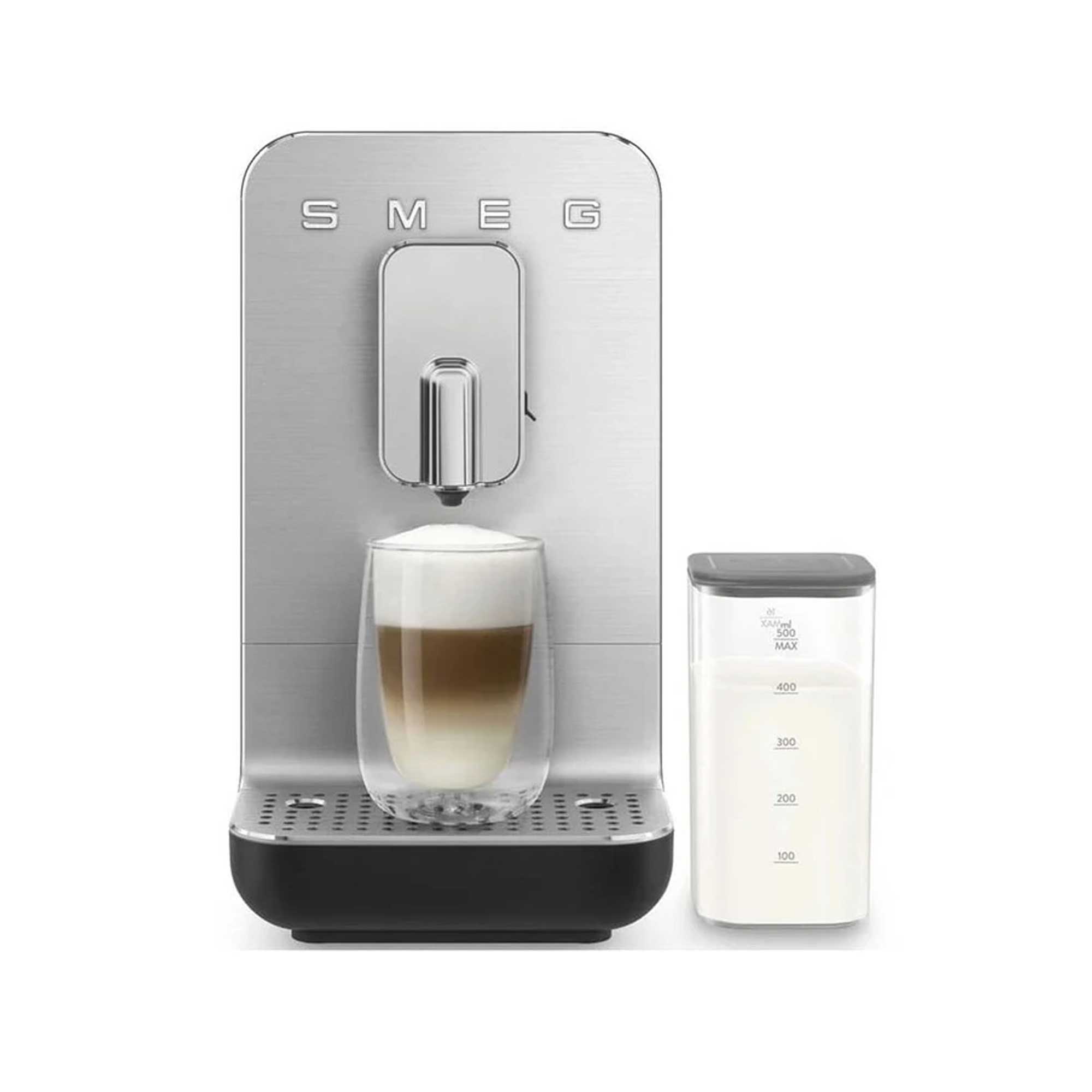 SMEG coffee machine with a  milk container on a white background