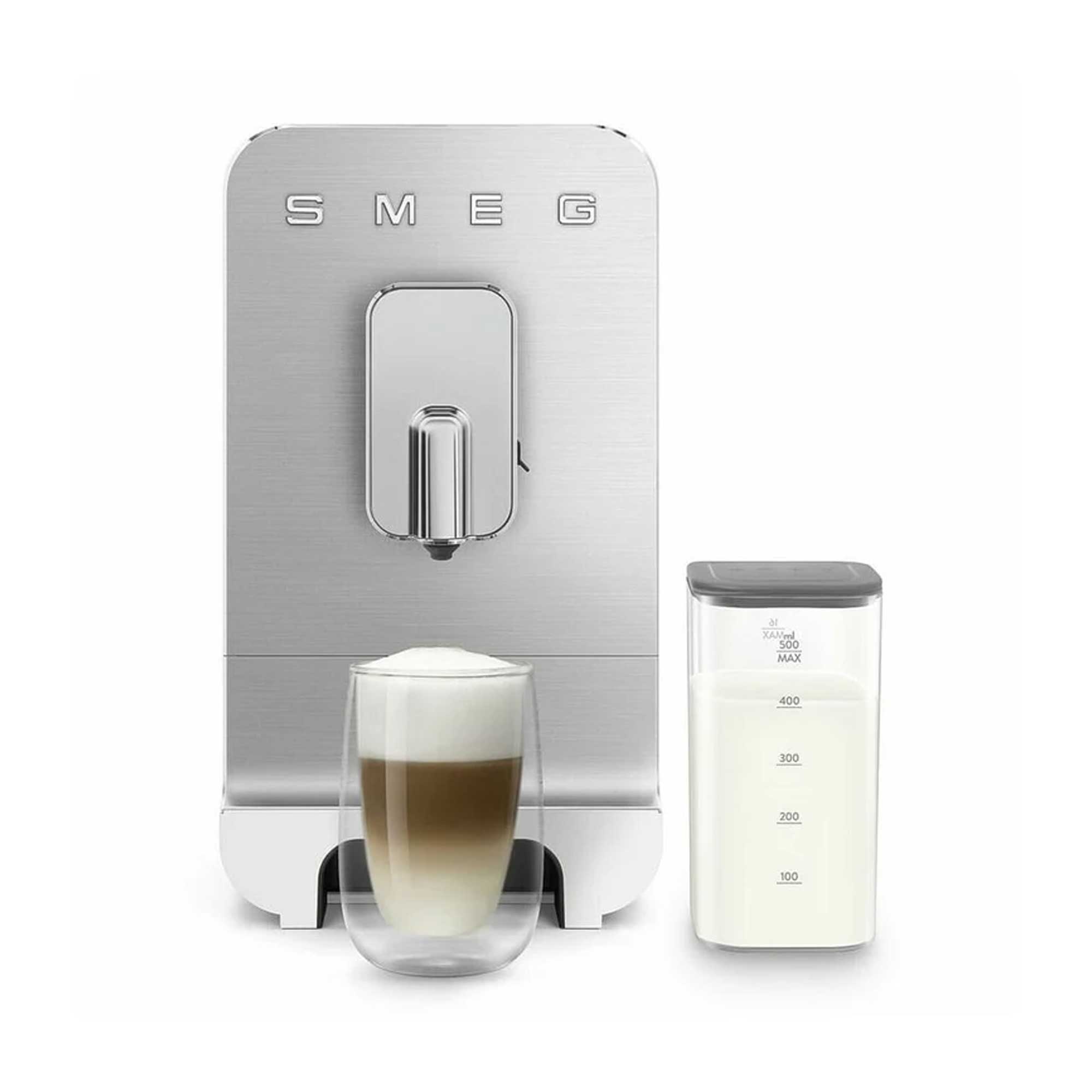 SMEG coffee machine with a cup of coffee and milk pitcher on a white background