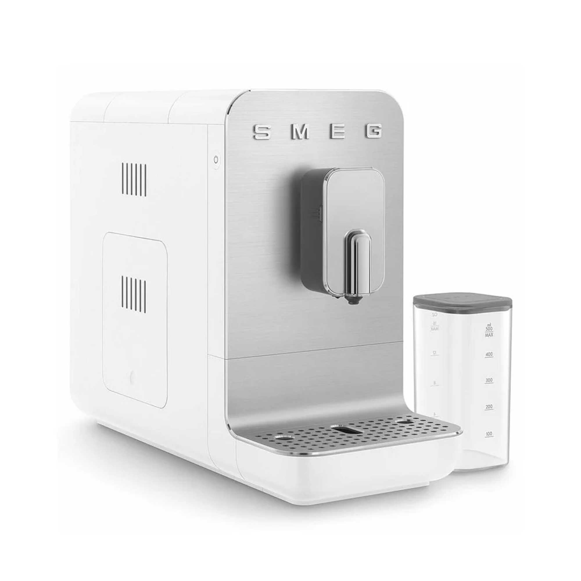 White coffee machine with a clear water tank on a white background, featuring the Smeg brand.