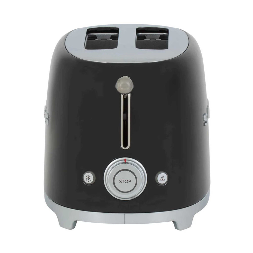 Black toaster with silver accents on a white background