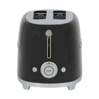 Black toaster with silver accents on a white background