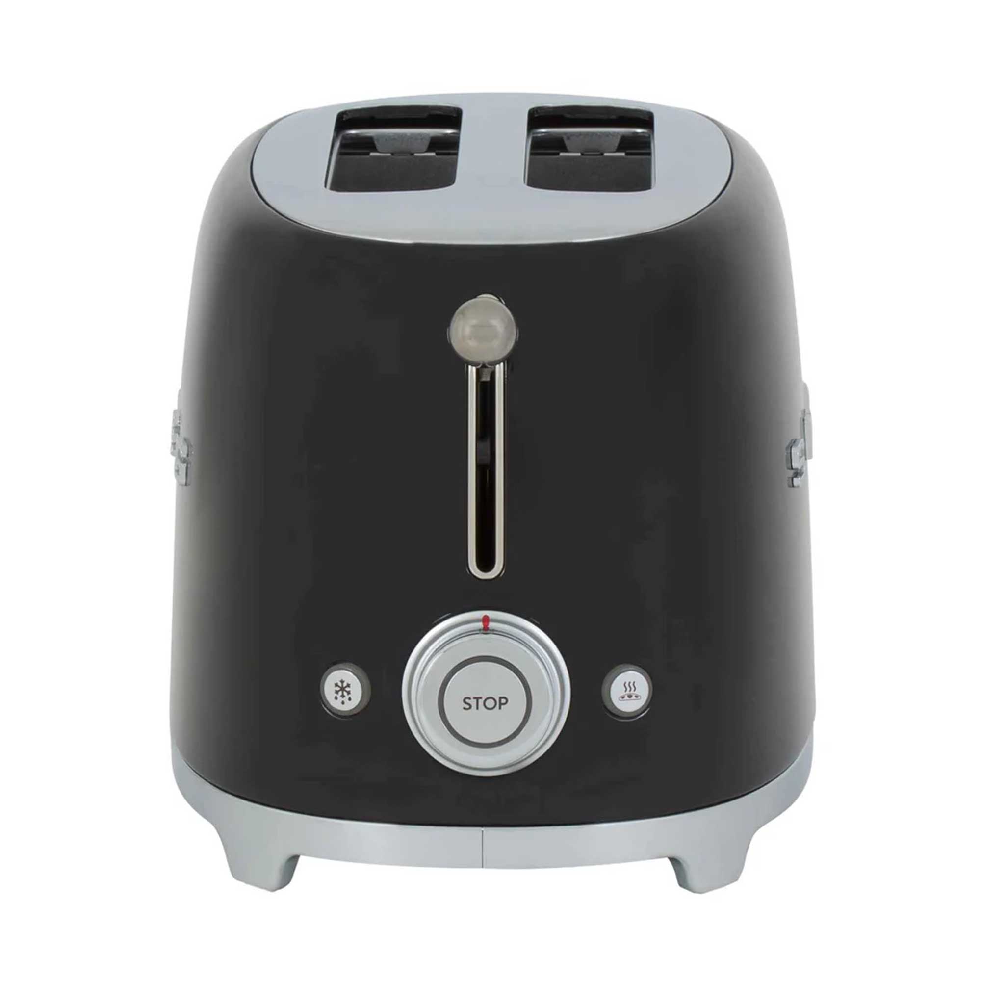 Black toaster with silver accents on a white background