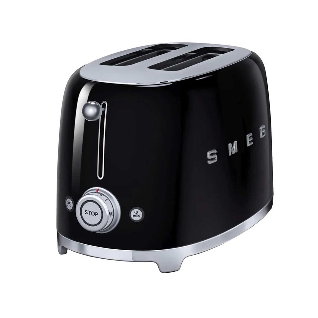 Black Smeg toaster with silver accents on a white background