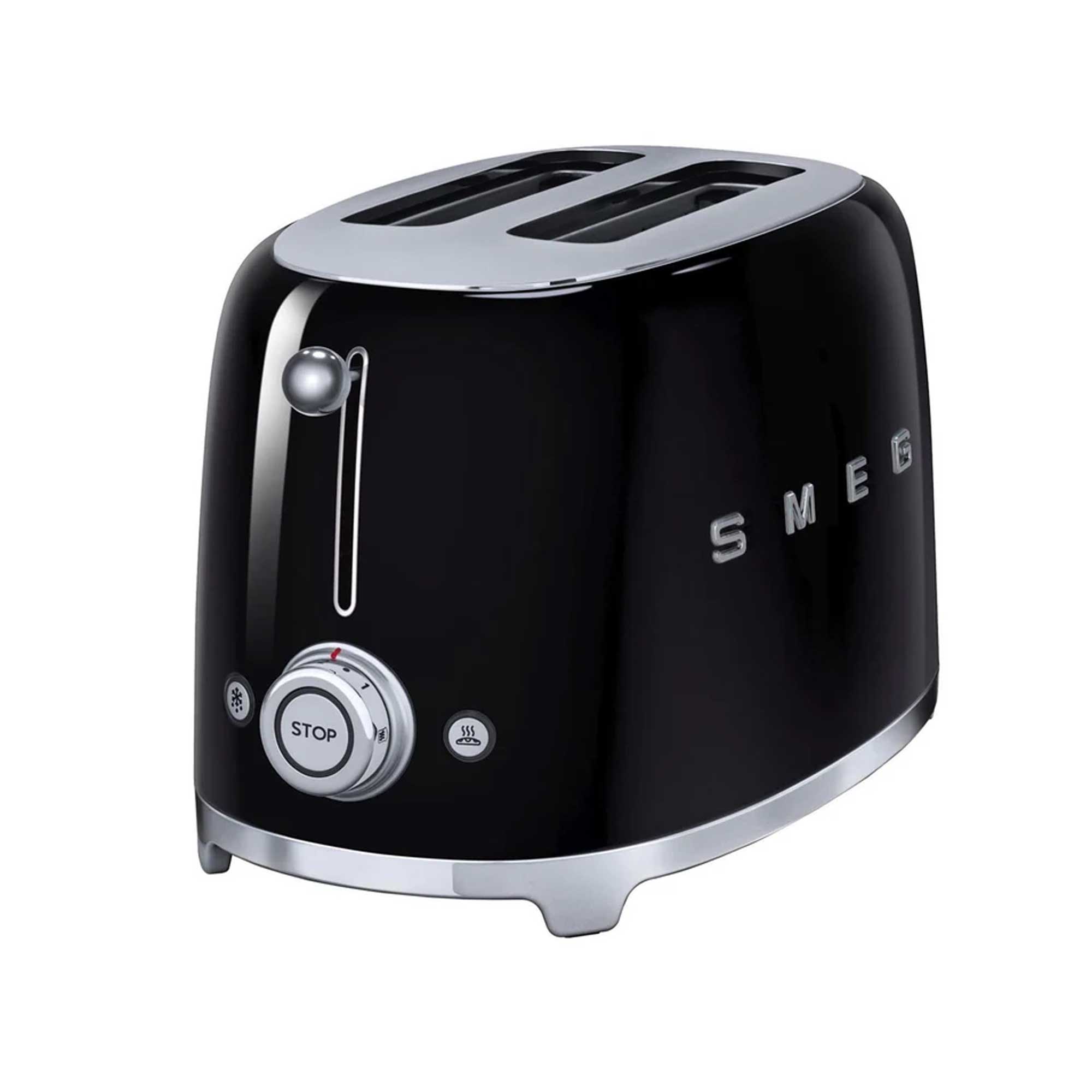 Black Smeg toaster with silver accents on a white background