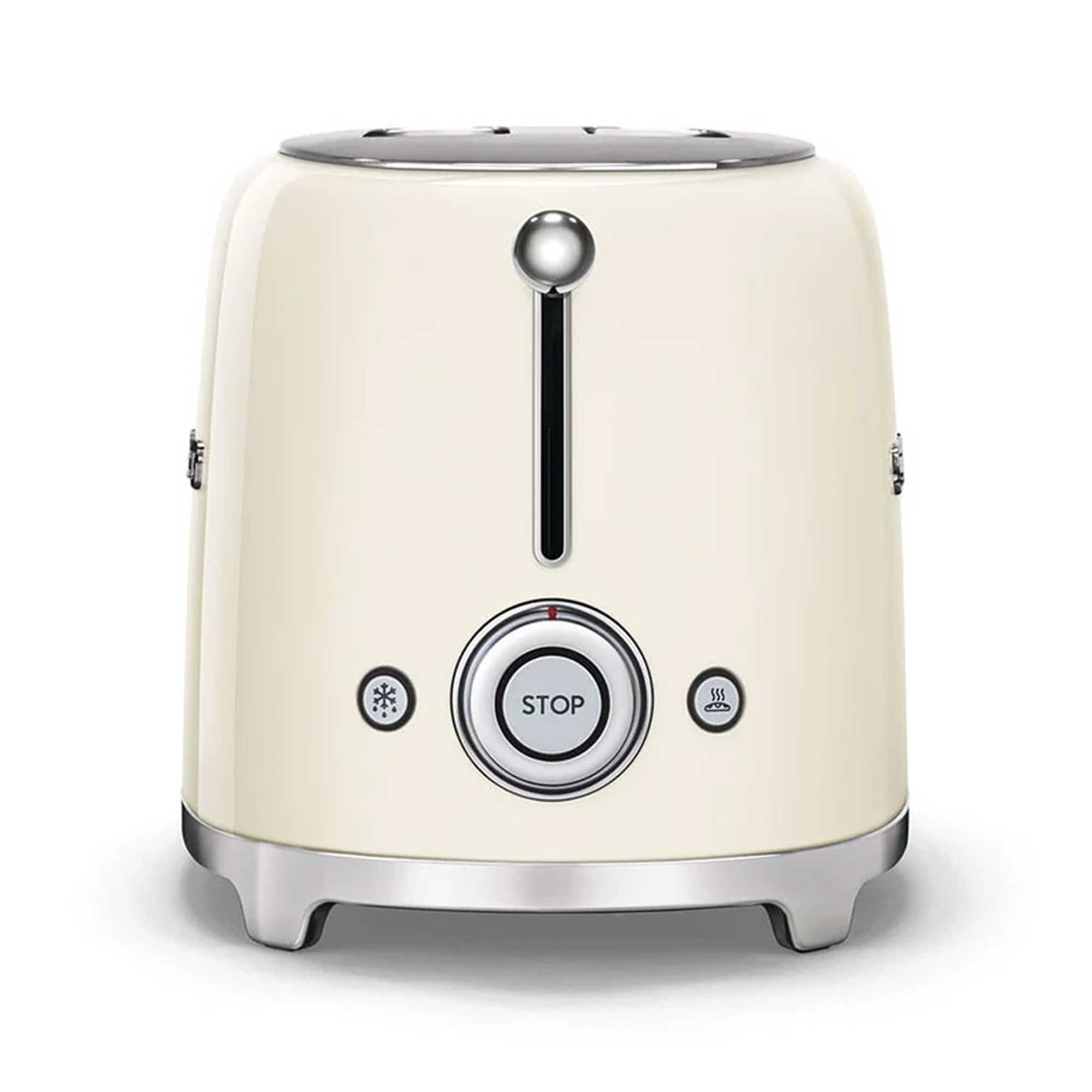 Cream-colored toaster with silver accents on a white background