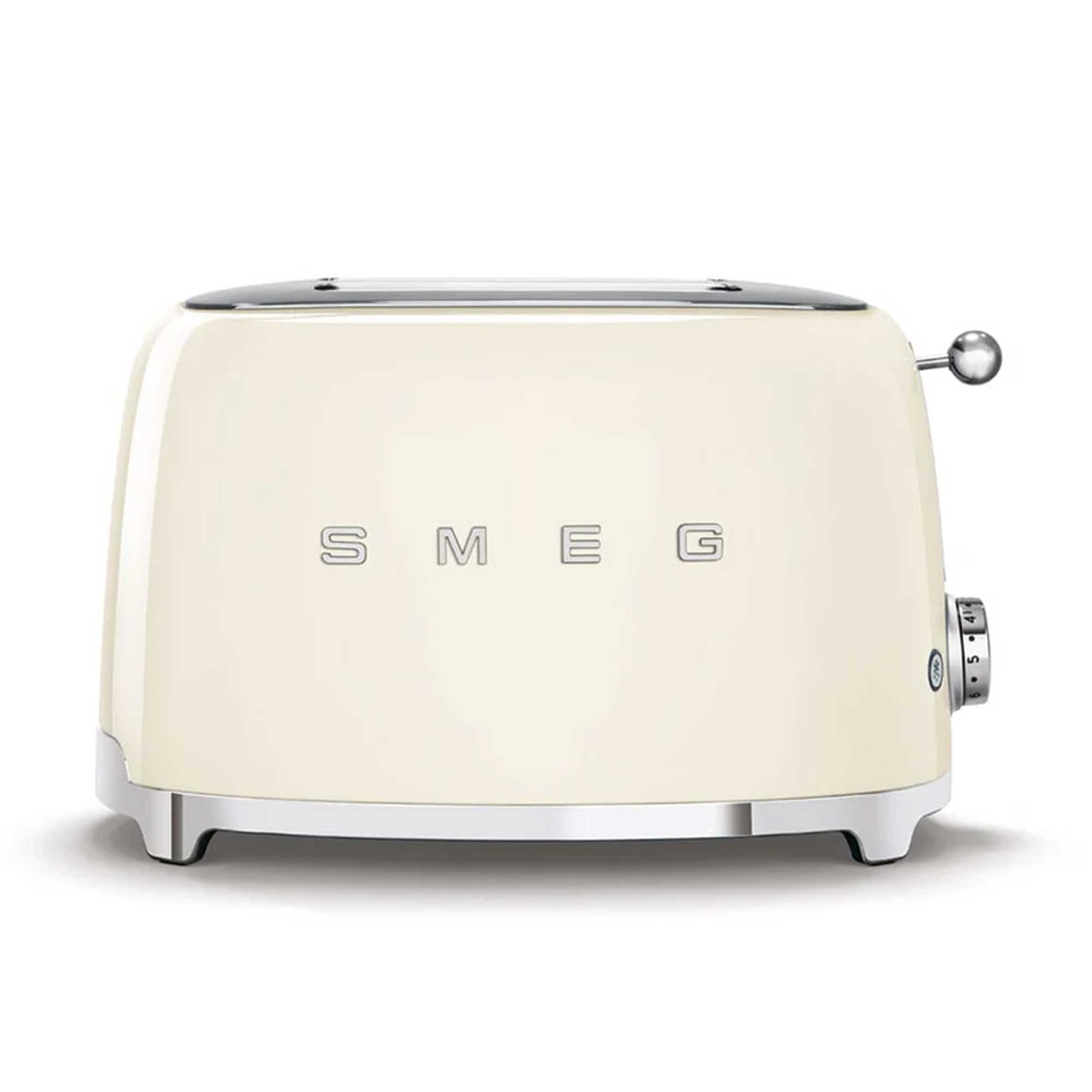 Cream-colored toaster with 'SMEG' branding on a white background