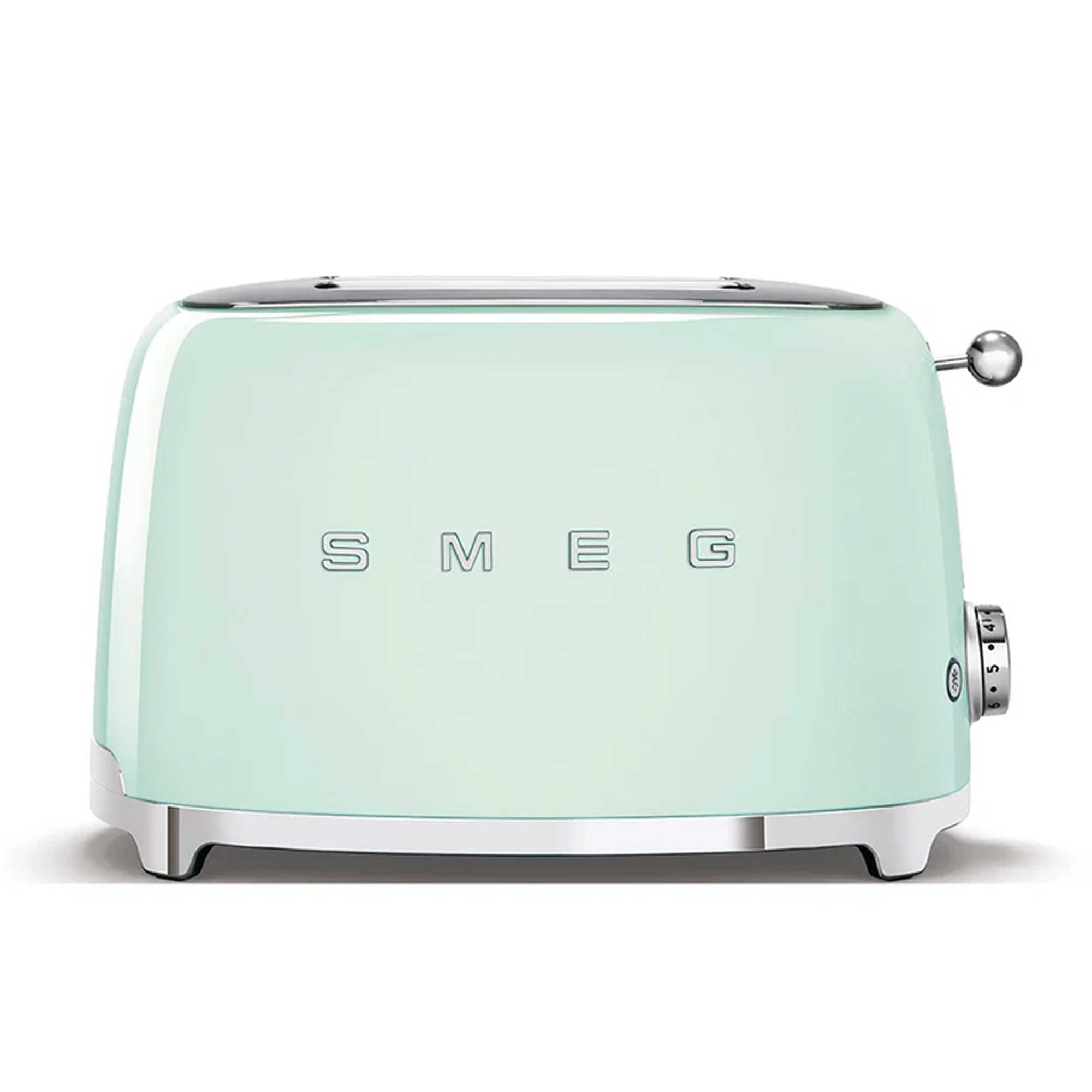 Pastel green toaster with 'SMEG' branding on a white background