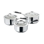 Silver saucepans on white background