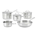 Set of 5 silver saucepans on a white background