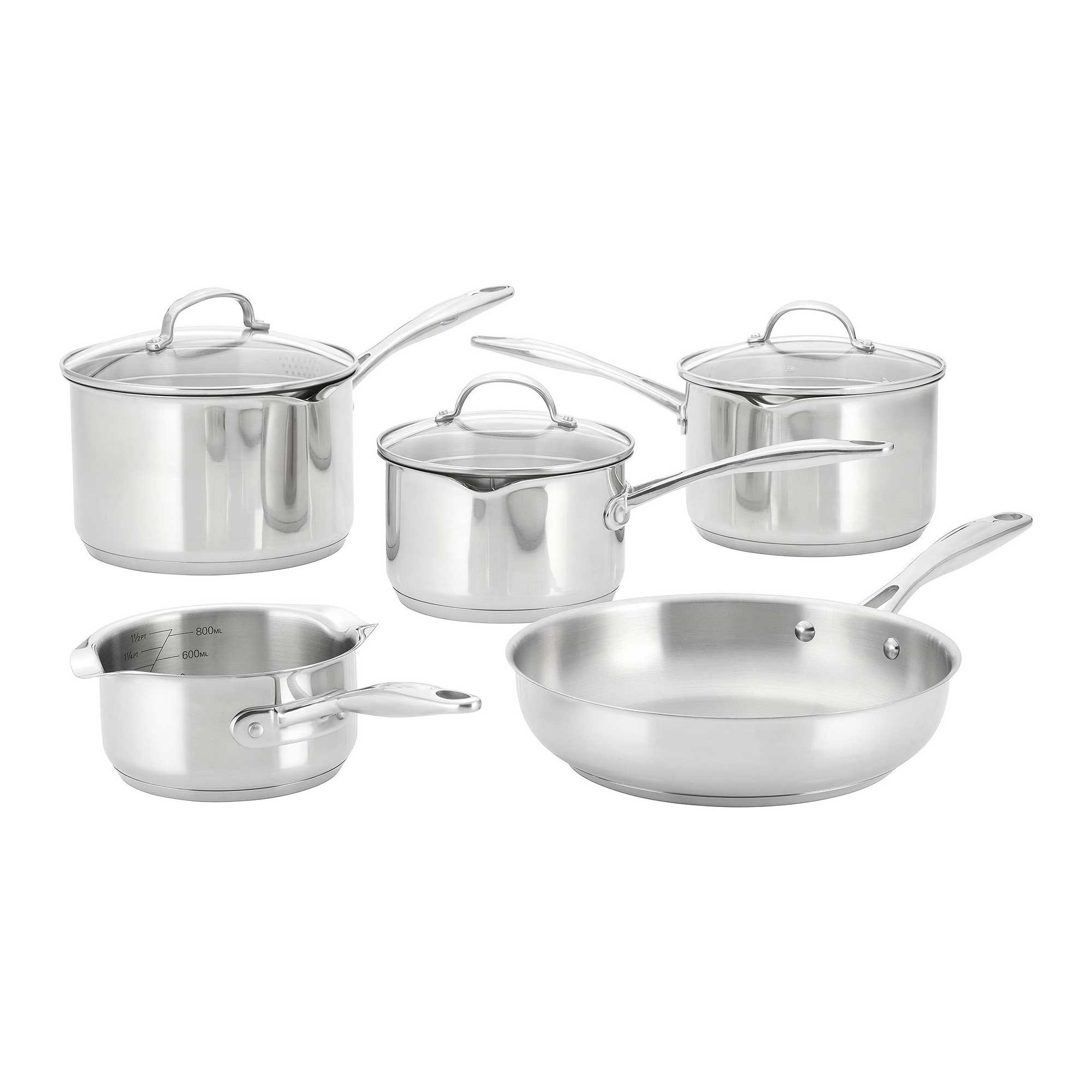 Set of 5 silver saucepans on a white background