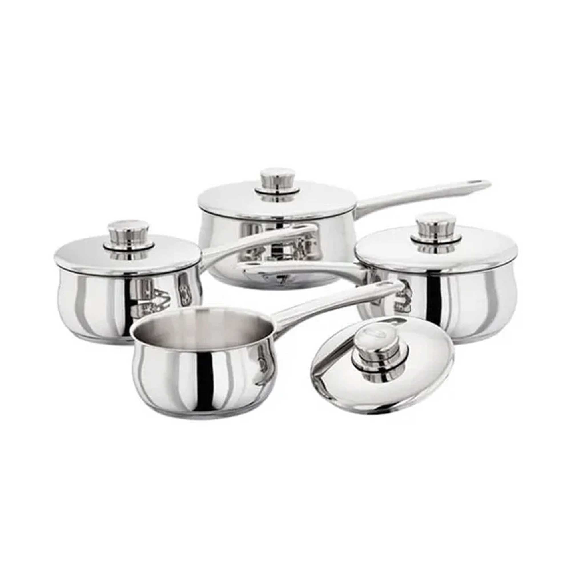 Silver saucepans on a white background