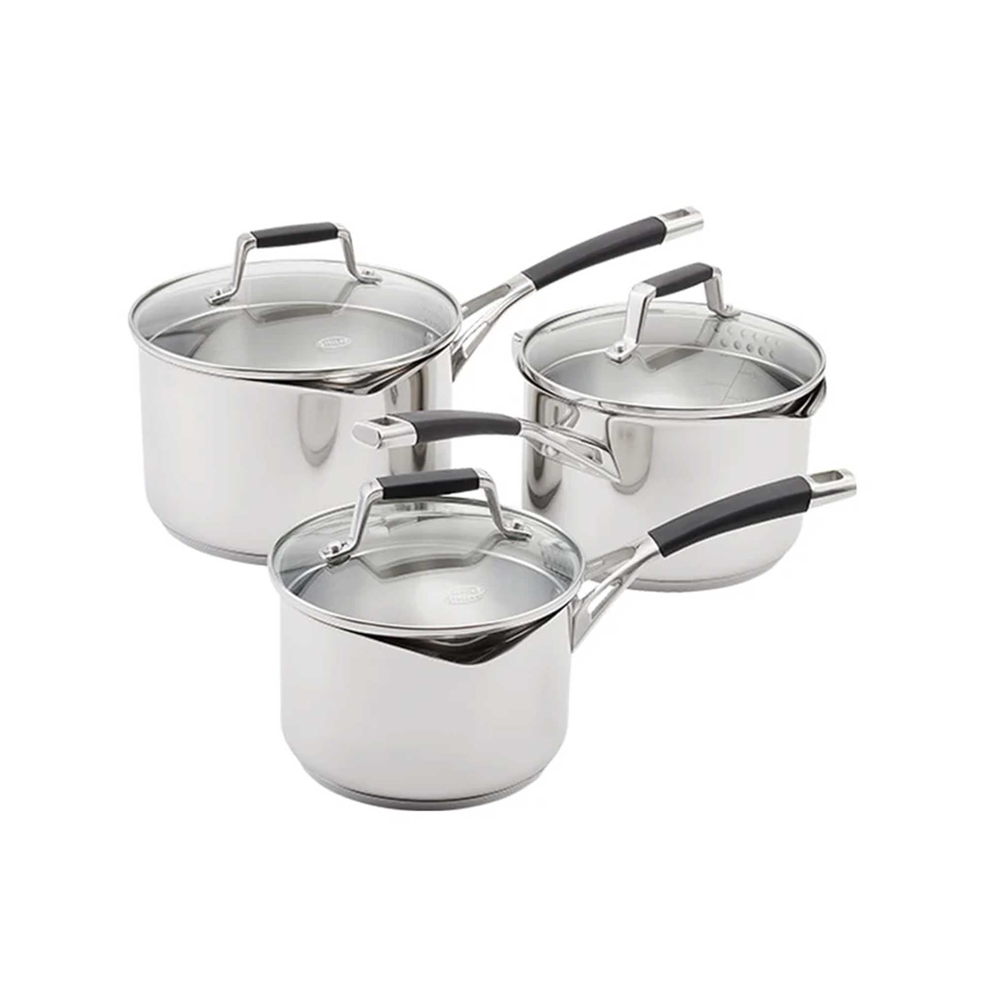 Silver saucepans on a white background