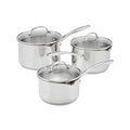 Three stainless steel saucepans with glass lids, arranged in a set on a plain white background.