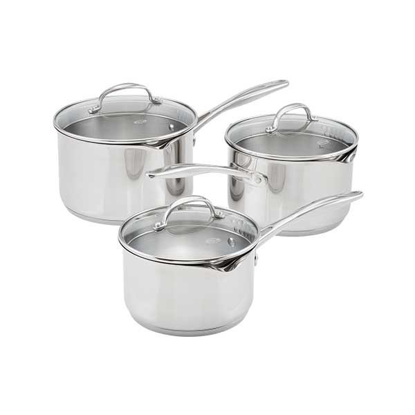 Three stainless steel saucepans with glass lids, arranged in a set on a plain white background.