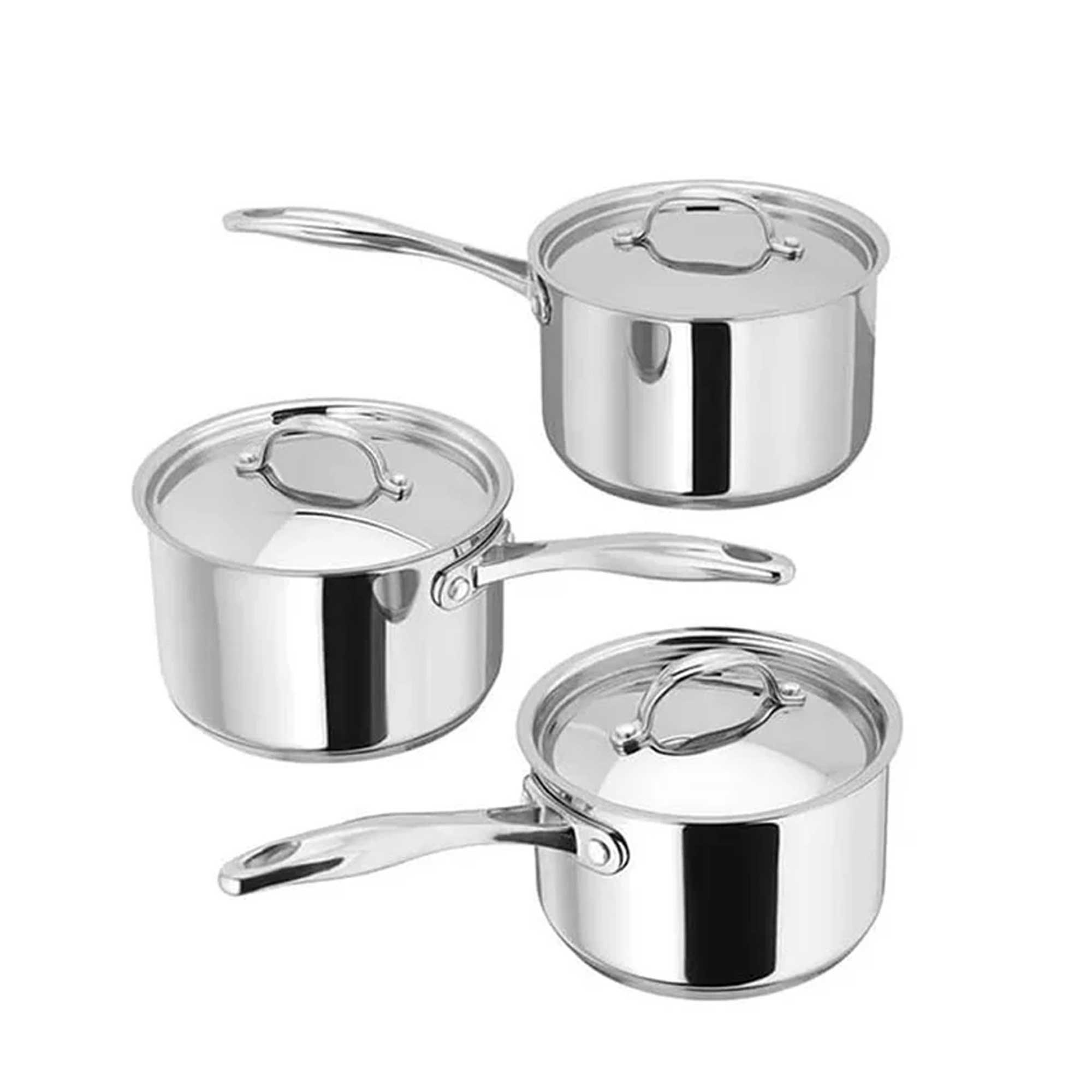 Silver saucepan set with lids on white background