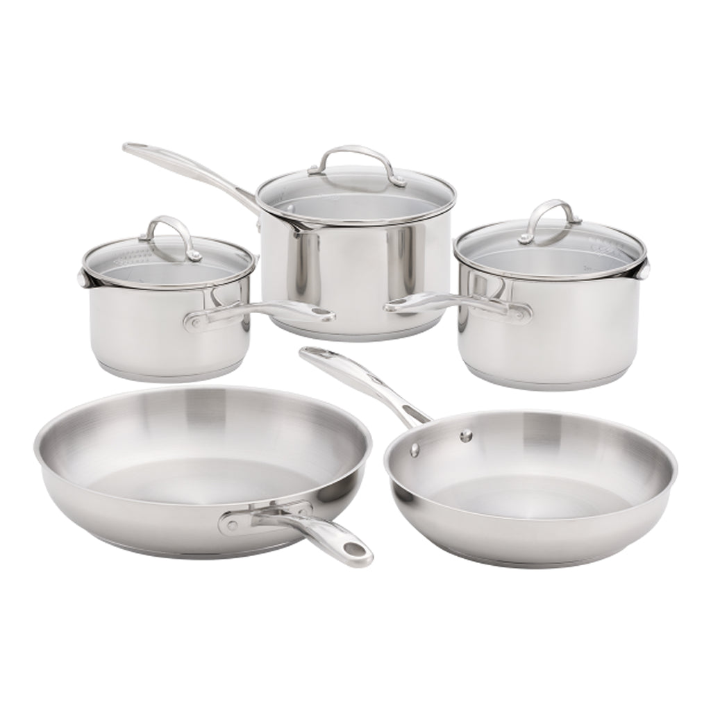 A 5 piece stainless steel cookware set including two saucepans, two frying pans, and one large stockpot with glass lids, arranged on a white background.