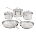 A 5 piece stainless steel cookware set including two saucepans, two frying pans, and one large stockpot with glass lids, arranged on a white background.