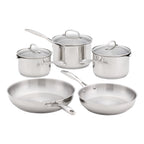 A 5 piece stainless steel cookware set including two saucepans, two frying pans, and one large stockpot with glass lids, arranged on a white background.