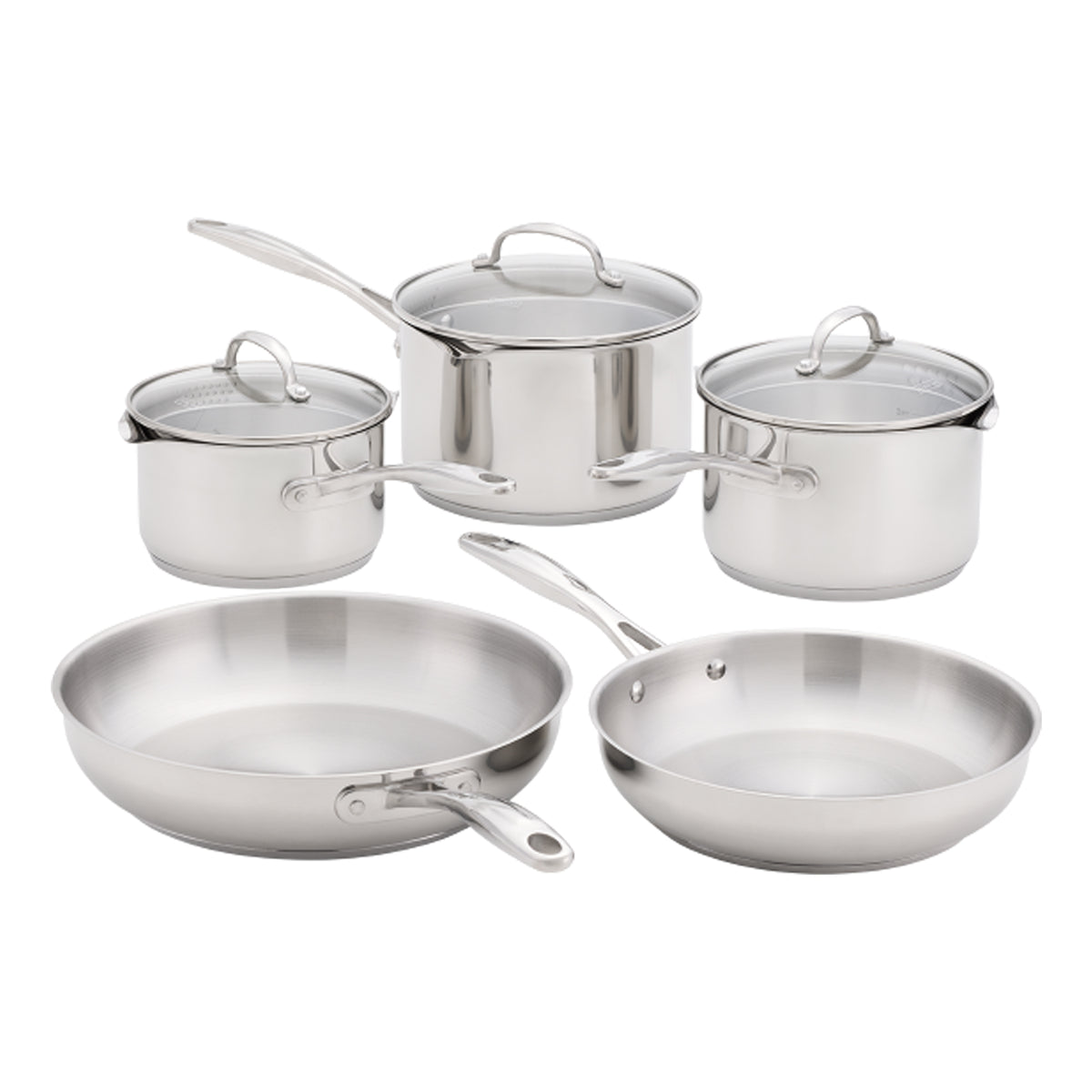 A 5 piece stainless steel cookware set including two saucepans, two frying pans, and one large stockpot with glass lids, arranged on a white background.