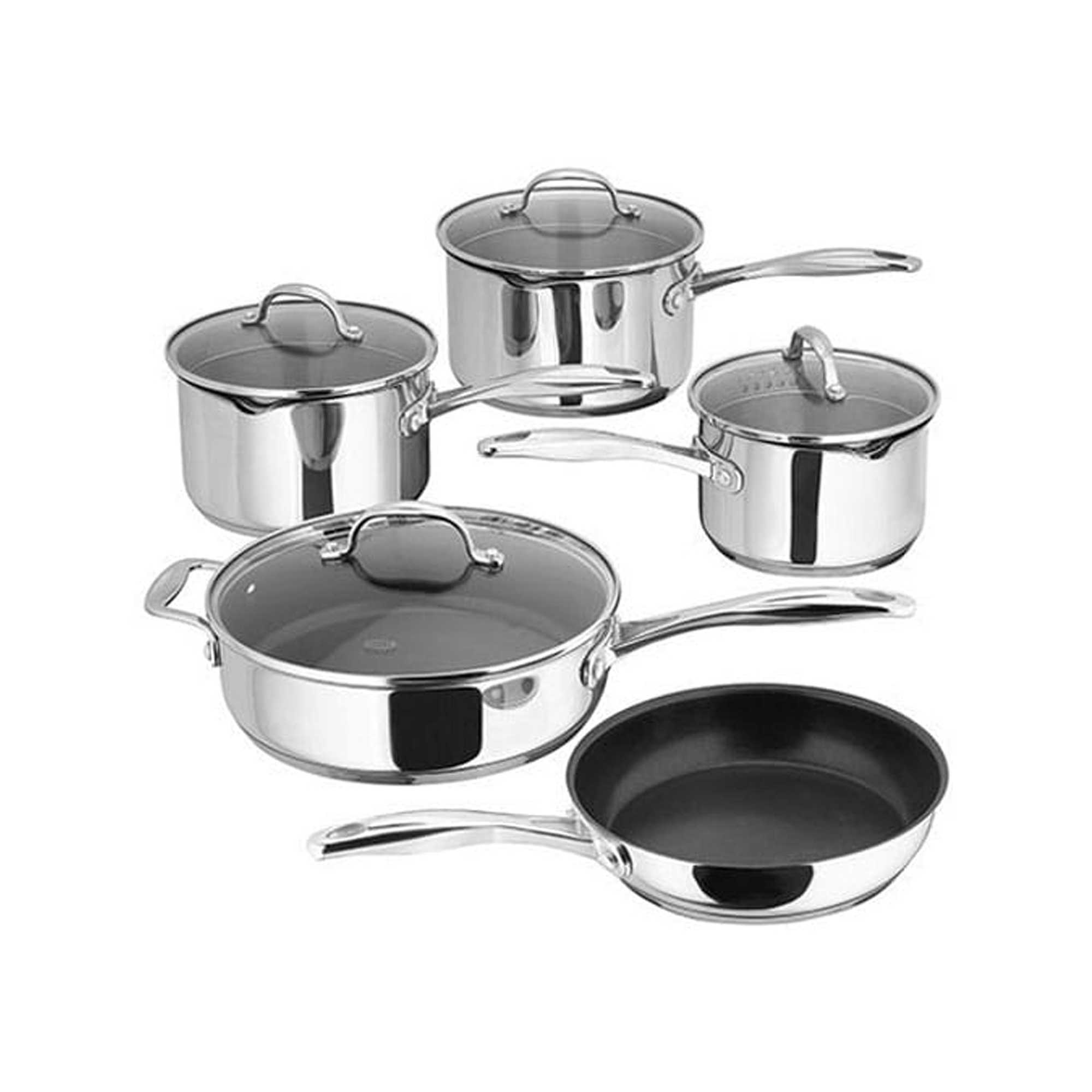 Set of stainless steel cookware with lids on a white background