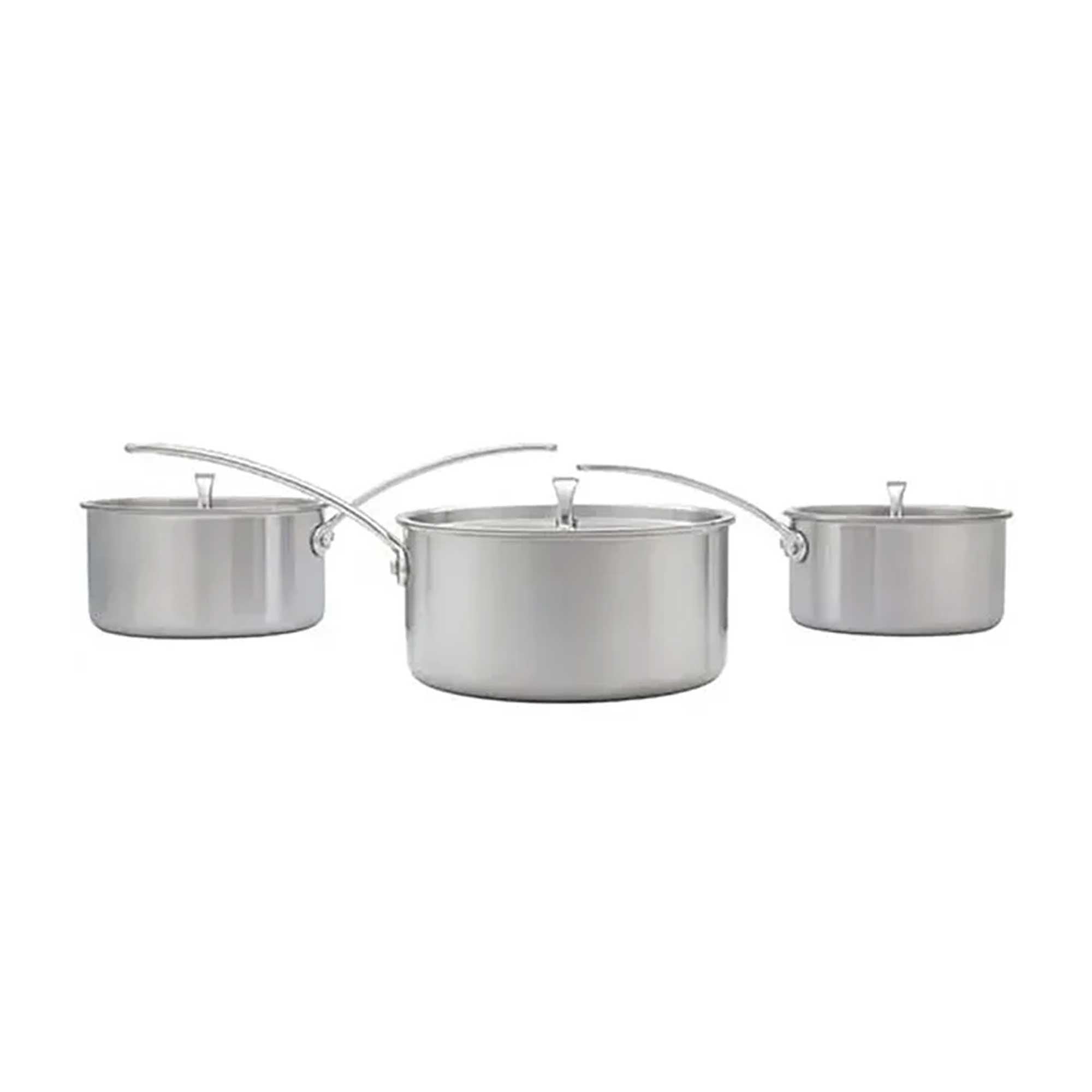 Set of three stainless steel saucepans on a white background