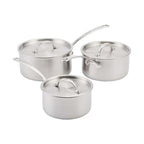 Set of three stainless steel cookware pots with lids on a white background
