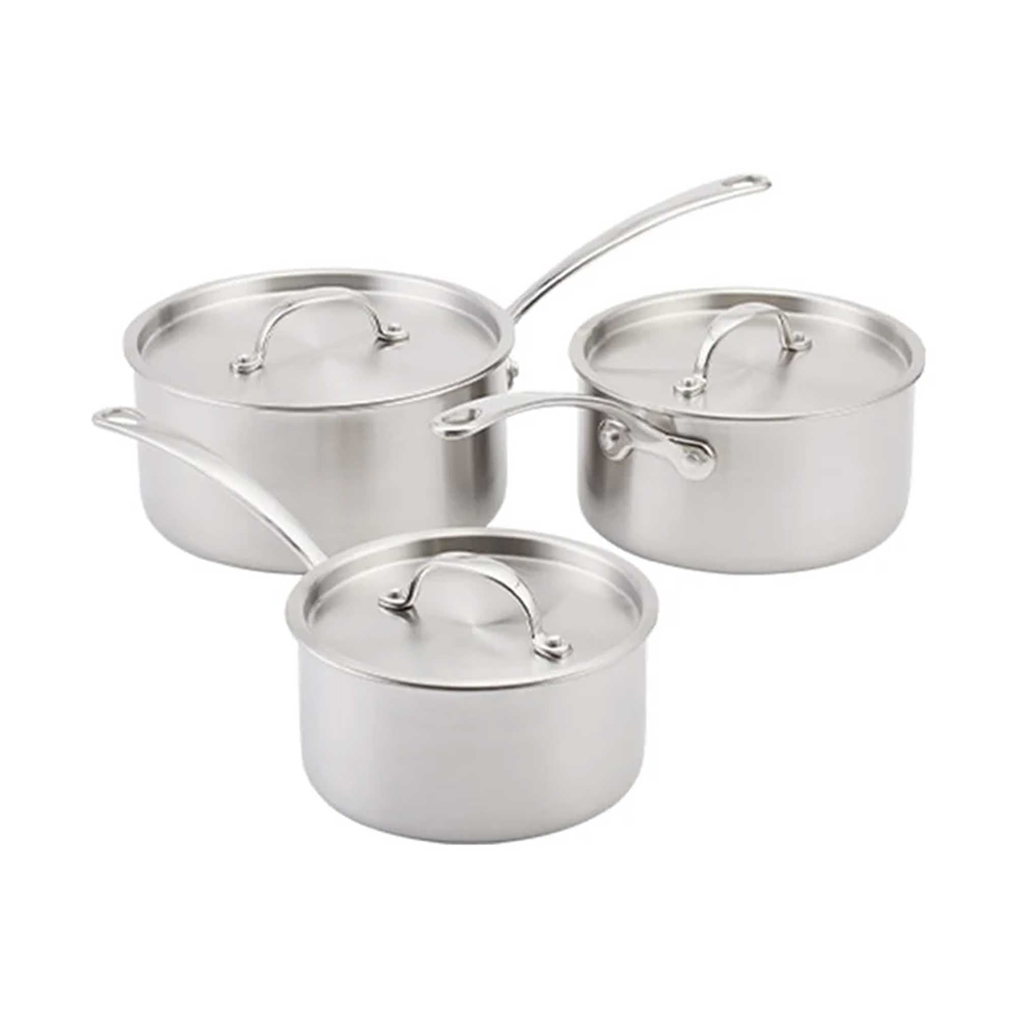 Set of three stainless steel cookware pots with lids on a white background