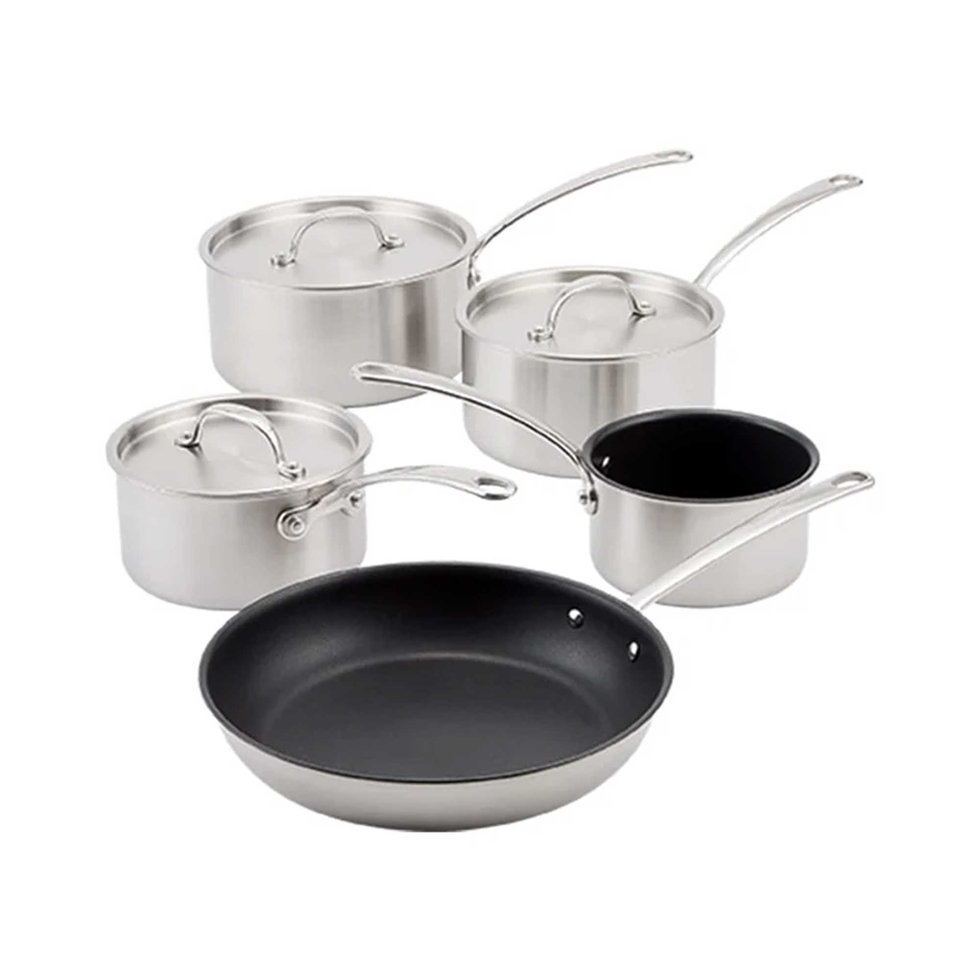 Set of stainless steel cookware with lids on a white background