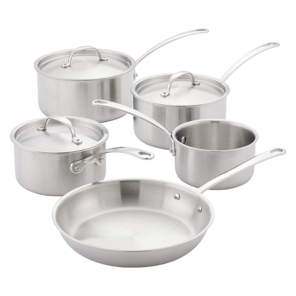 A 5-piece stainless steel cookware set including a deep sauté pan, a saucepan with lid, a medium saucepan with lid, a small saucepan, and a stockpot with lid, all arranged on a white background.