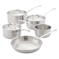 A 5-piece stainless steel cookware set including a deep sauté pan, a saucepan with lid, a medium saucepan with lid, a small saucepan, and a stockpot with lid, all arranged on a white background.