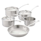 A 5-piece stainless steel cookware set including a deep sauté pan, a saucepan with lid, a medium saucepan with lid, a small saucepan, and a stockpot with lid, all arranged on a white background.