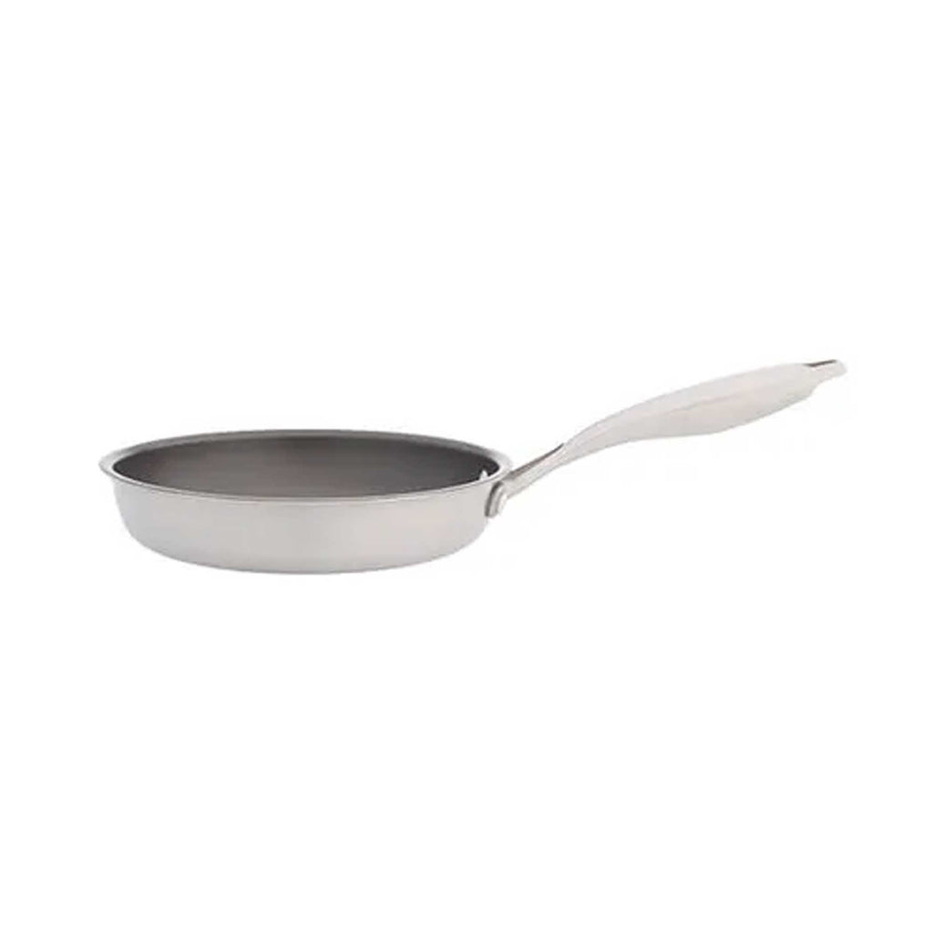 A frying pan with a long, with a curved  handle, shown from a side angle against a plain white background.