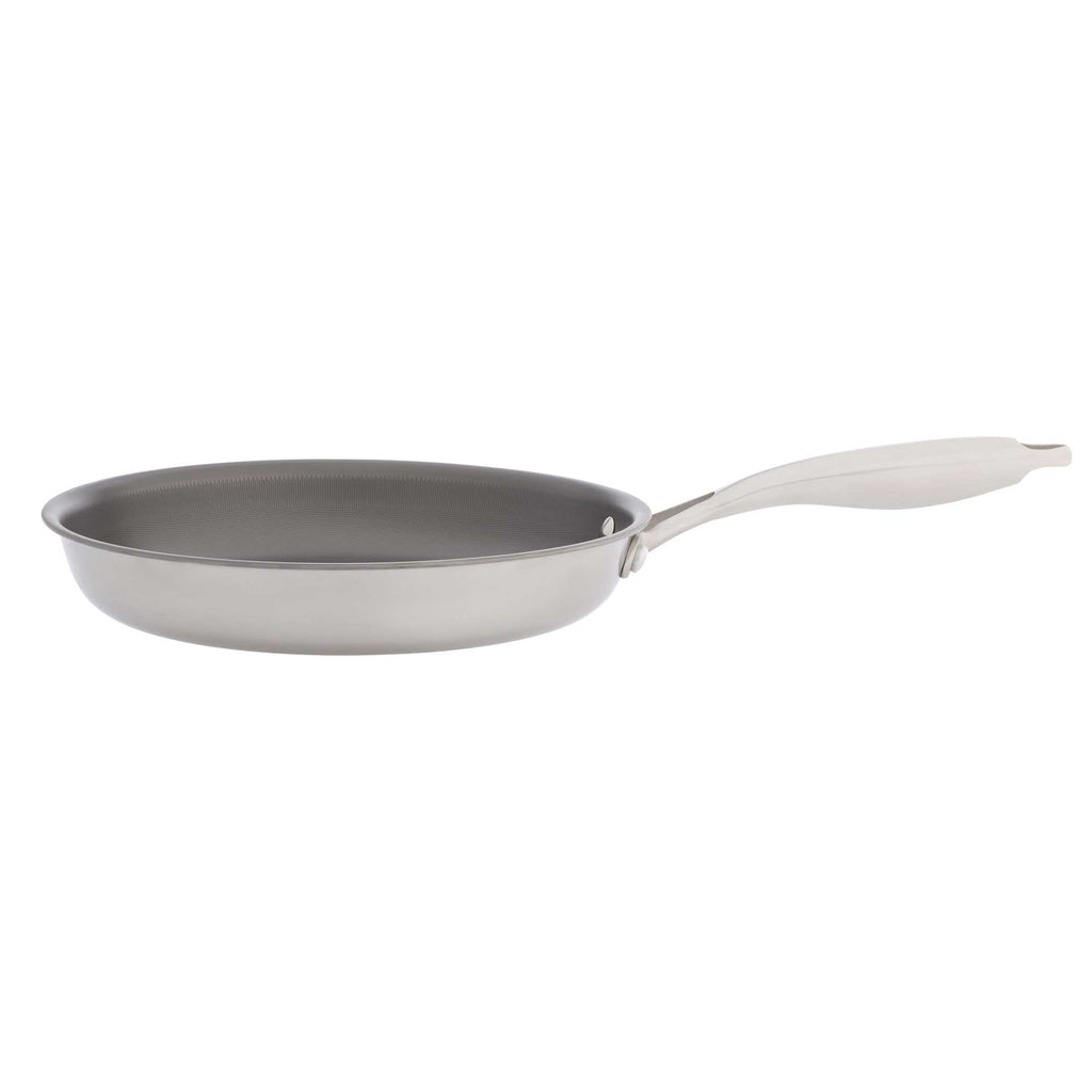 A stainless steel frying pan with a long, light-colored handle, shown from a side angle against a plain white background.