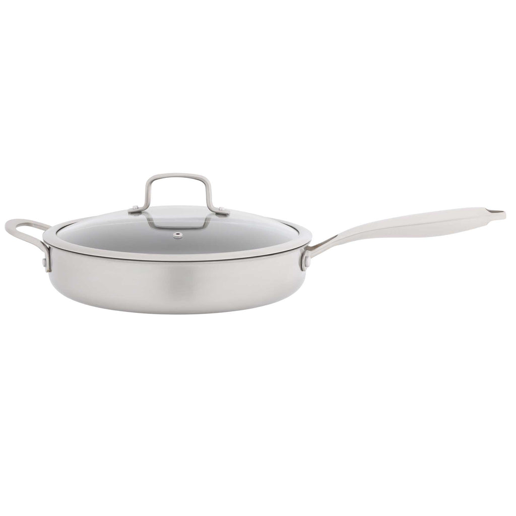 A stainless steel sauté pan with a glass lid and a long white handle, shown against a plain white background.