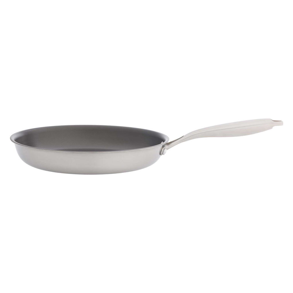 A stainless steel frying pan with a dark gray non-stick interior and a white handle, shown against a plain white background.