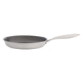 A stainless steel frying pan with a dark gray non-stick interior and a white handle, shown against a plain white background.
