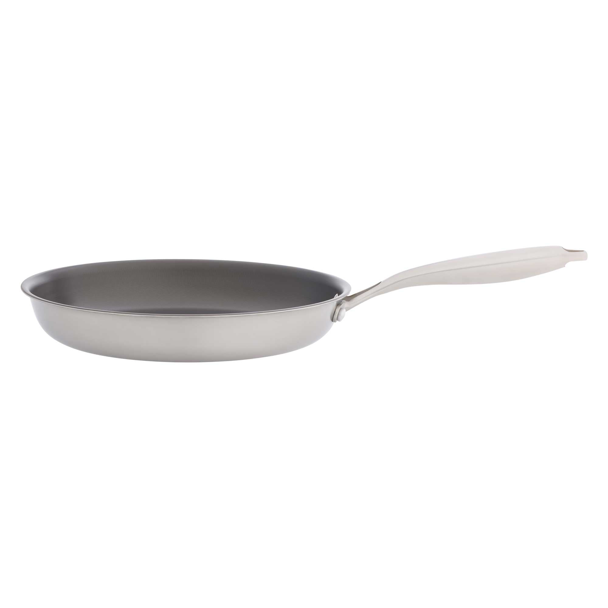 A stainless steel frying pan with a dark gray non-stick interior and a white handle, shown against a plain white background.