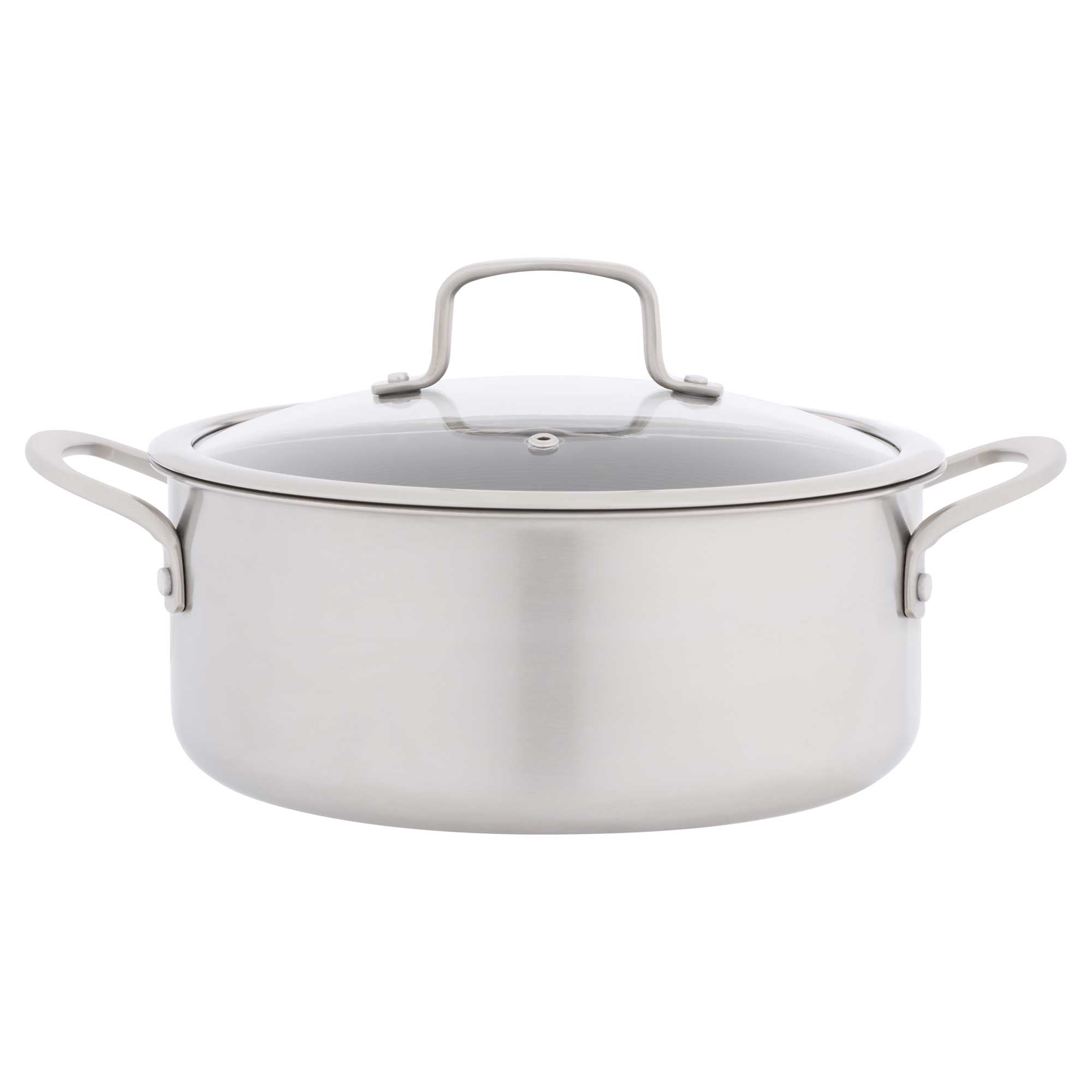 A stainless steel casserole with a glass lid and metal handles, shown on a solid white background.