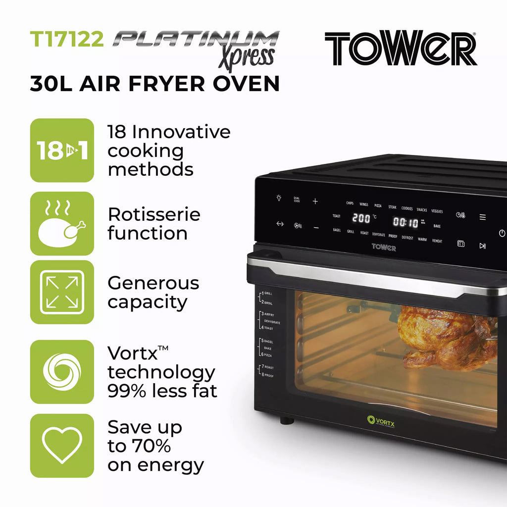 Tower Vortx Platinum Xpress 30 Litre Digital Air Fryer Oven in Black - T17122