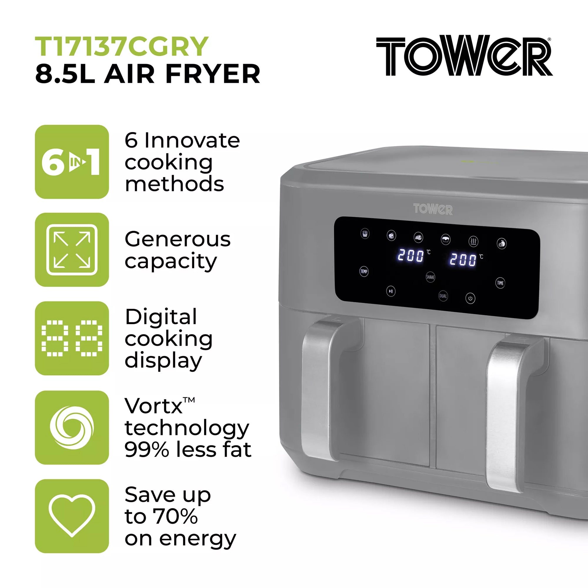 Tower Vortx 8.5 Litre Dual Basket Air Fryer in Grey – T17137CGRY