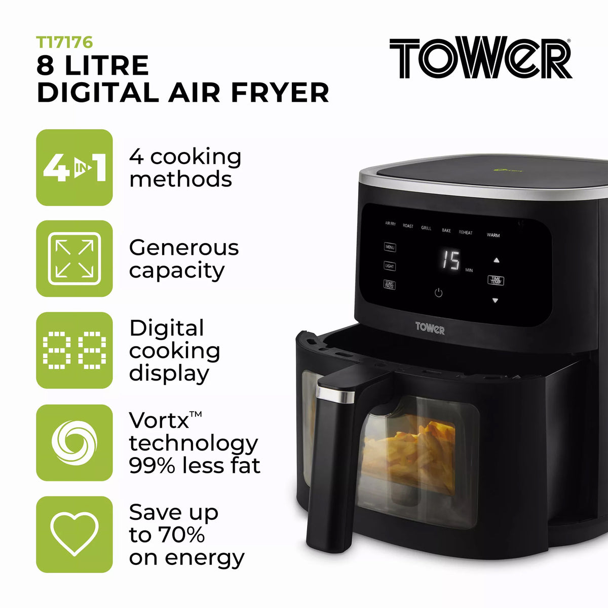 Tower 8 Litre Vizion Digital Air Fryer - Black - T17176