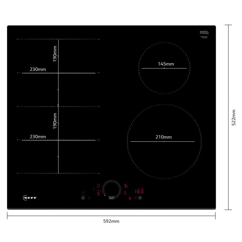 Neff T66FHE4L0 60cm 4 Zone Built-in Electric Induction Hob, Touch Control & CombiZone, Black Glass