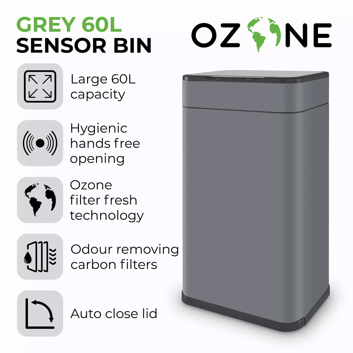 Tower 60 Litre Ozone Sensor Bin in Grey - T938023GRY