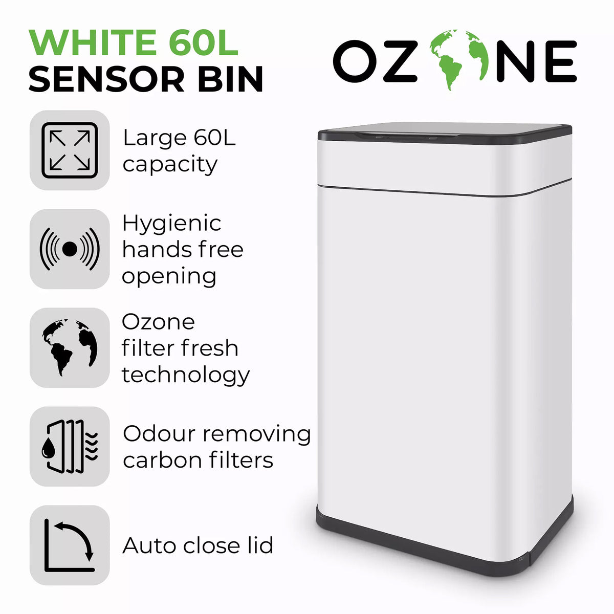 Tower 60 Litre Ozone Sensor Bin in White - T938023WHT