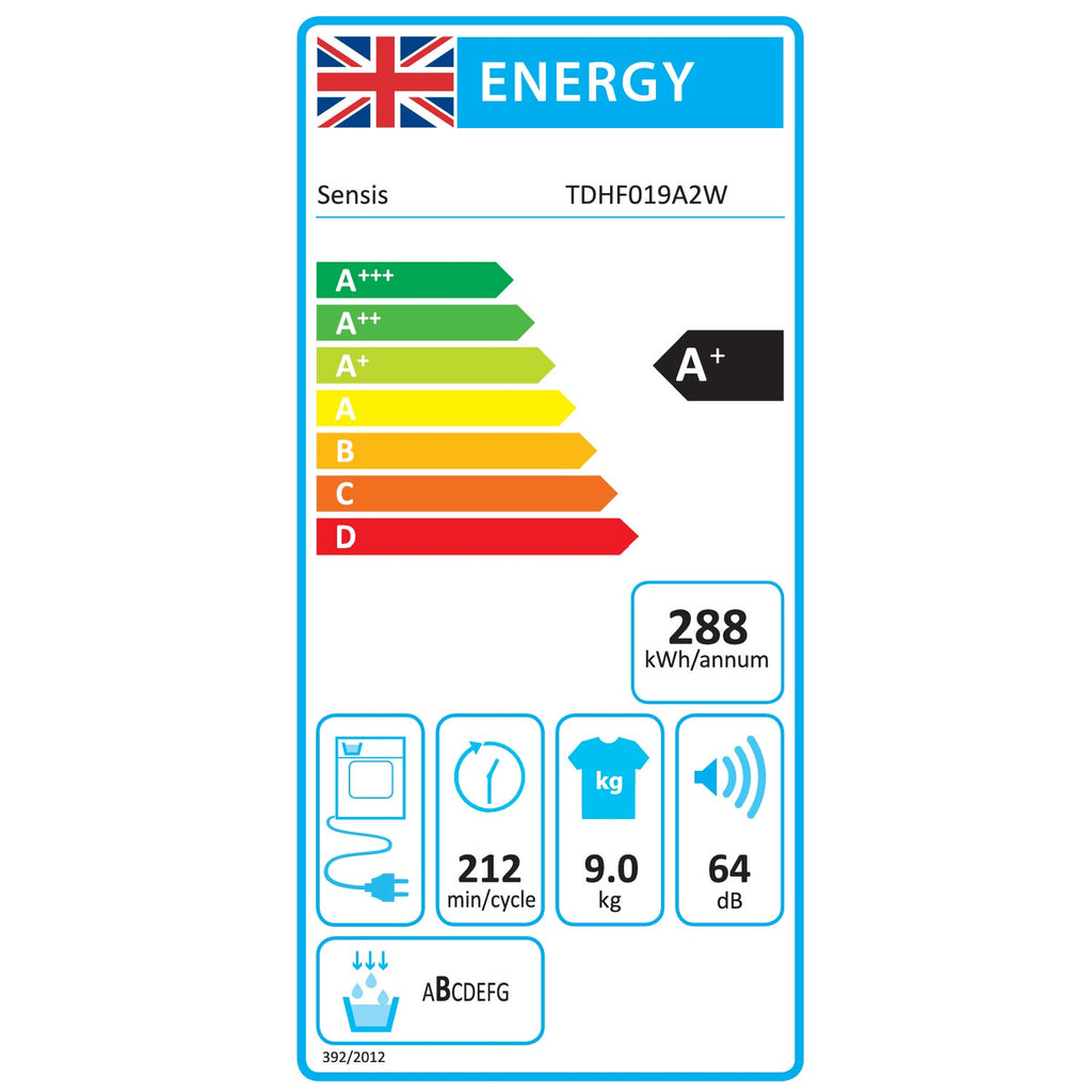 Sensis TDHF019A2W 9kg, Sensor Dry, Freestanding Heat Pump Tumble Dryer, White