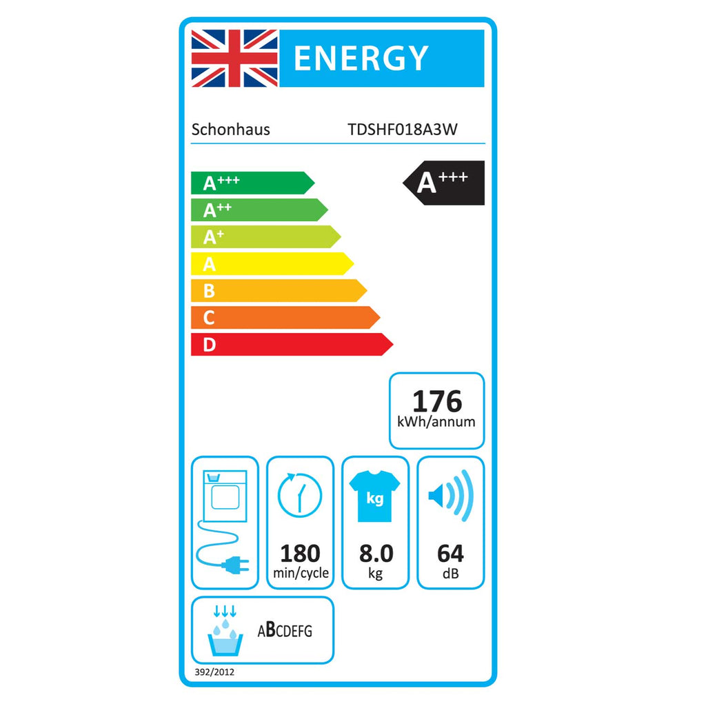 Schonhaus TDSHF018A3W 8kg, Sensor Dry, Freestanding Heat Pump Tumble Dryer, White